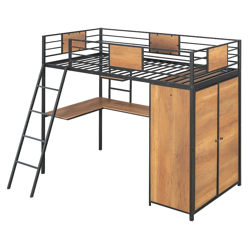 Lit mezzanine taille Twin avec bureau en L et penderie