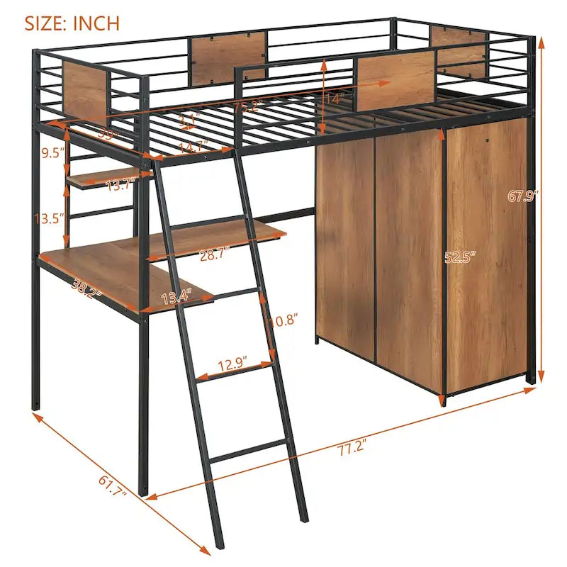 Lit mezzanine taille Twin avec bureau en L et penderie