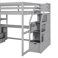 Lit mezzanine Full avec bureau et étagères, deux tiroirs intégrés, escalier de rangement