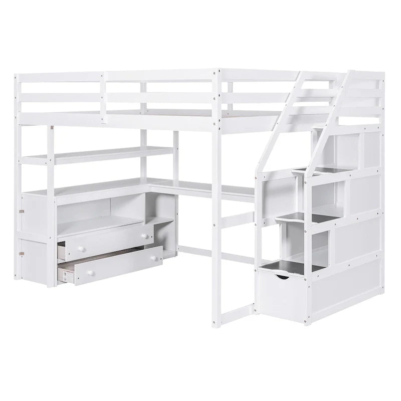 Lit mezzanine Full avec bureau et étagères, deux tiroirs intégrés, escalier de rangement