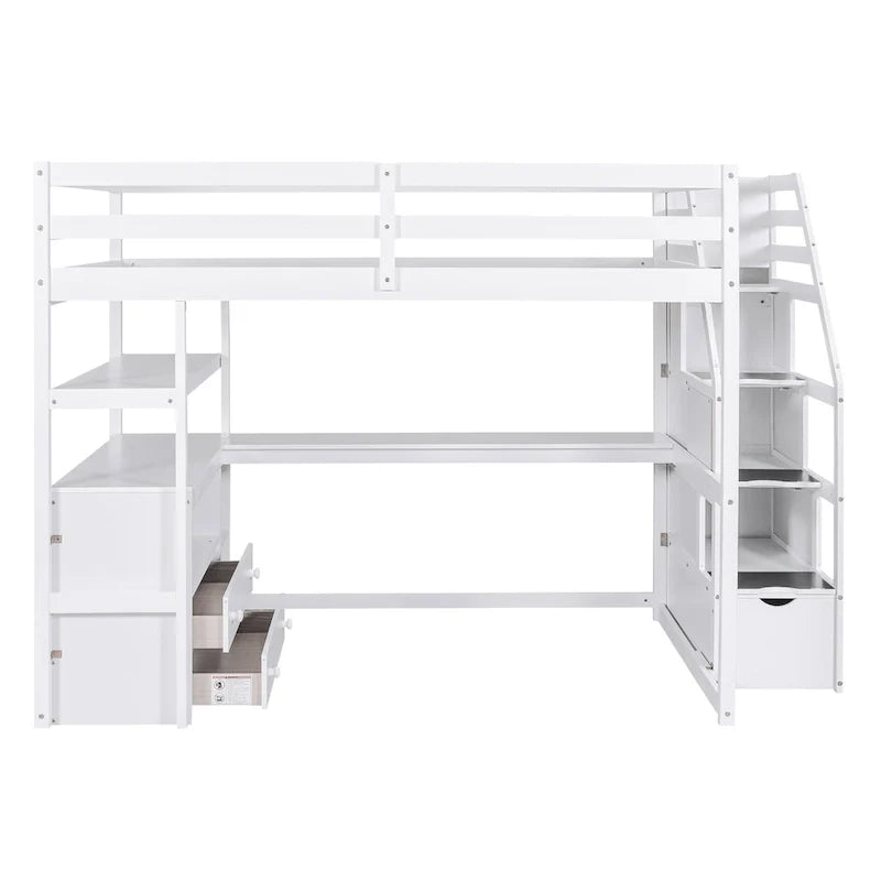 Lit mezzanine Full avec bureau et étagères, deux tiroirs intégrés, escalier de rangement