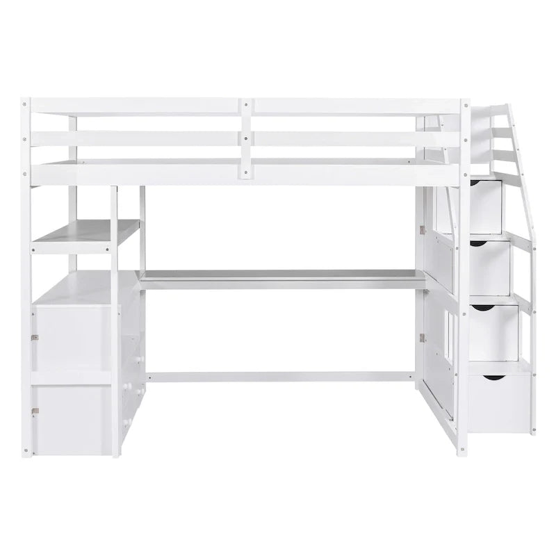 Lit mezzanine Full avec bureau et étagères, deux tiroirs intégrés, escalier de rangement