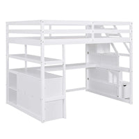 Lit mezzanine Full avec bureau et étagères, deux tiroirs intégrés, escalier de rangement