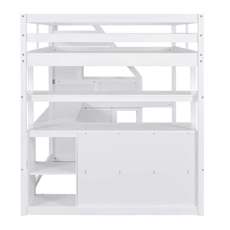 Lit mezzanine Full avec bureau et étagères, deux tiroirs intégrés, escalier de rangement