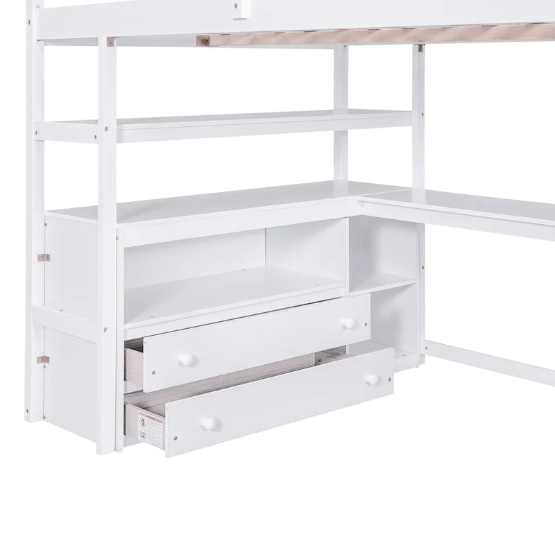 Lit mezzanine Full avec bureau et étagères, deux tiroirs intégrés, escalier de rangement