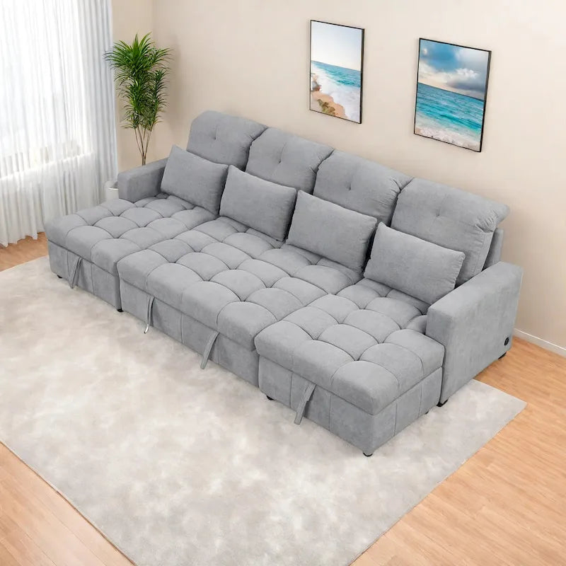 Canapé d'angle modulable en chenille surdimensionné de 279 cm avec lit gigogne, deux méridiennes de rangement et 2 ports USB