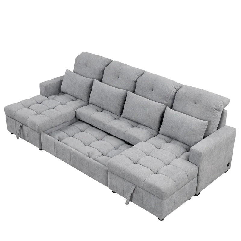 Canapé d'angle modulable en chenille surdimensionné de 279 cm avec lit gigogne, deux méridiennes de rangement et 2 ports USB
