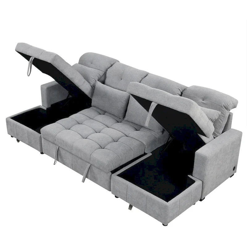 Canapé d'angle modulable en chenille surdimensionné de 279 cm avec lit gigogne, deux méridiennes de rangement et 2 ports USB