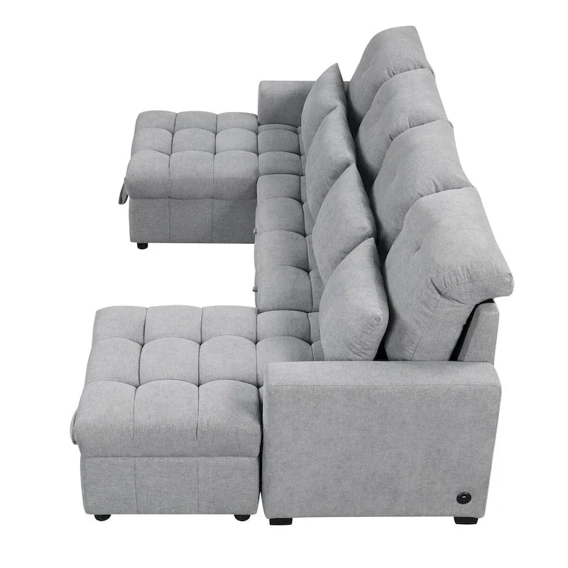 Canapé d'angle modulable en chenille surdimensionné de 279 cm avec lit gigogne, deux méridiennes de rangement et 2 ports USB