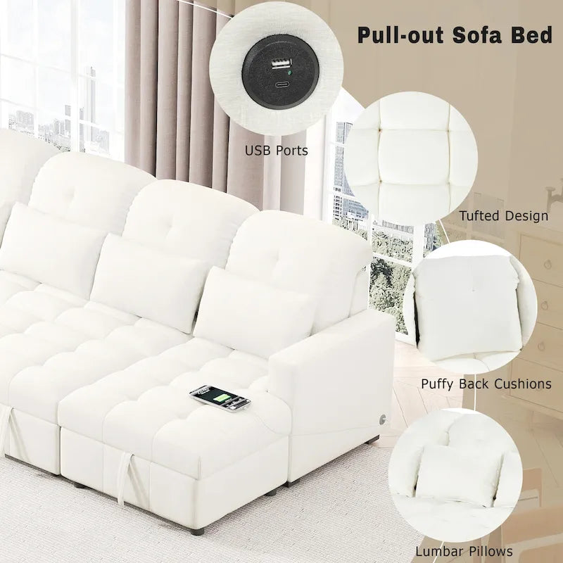 Canapé d'angle modulable en chenille surdimensionné de 279 cm avec lit gigogne, deux méridiennes de rangement et 2 ports USB