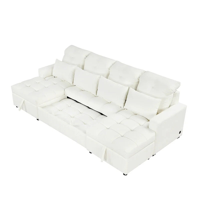 Canapé d'angle modulable en chenille surdimensionné de 279 cm avec lit gigogne, deux méridiennes de rangement et 2 ports USB