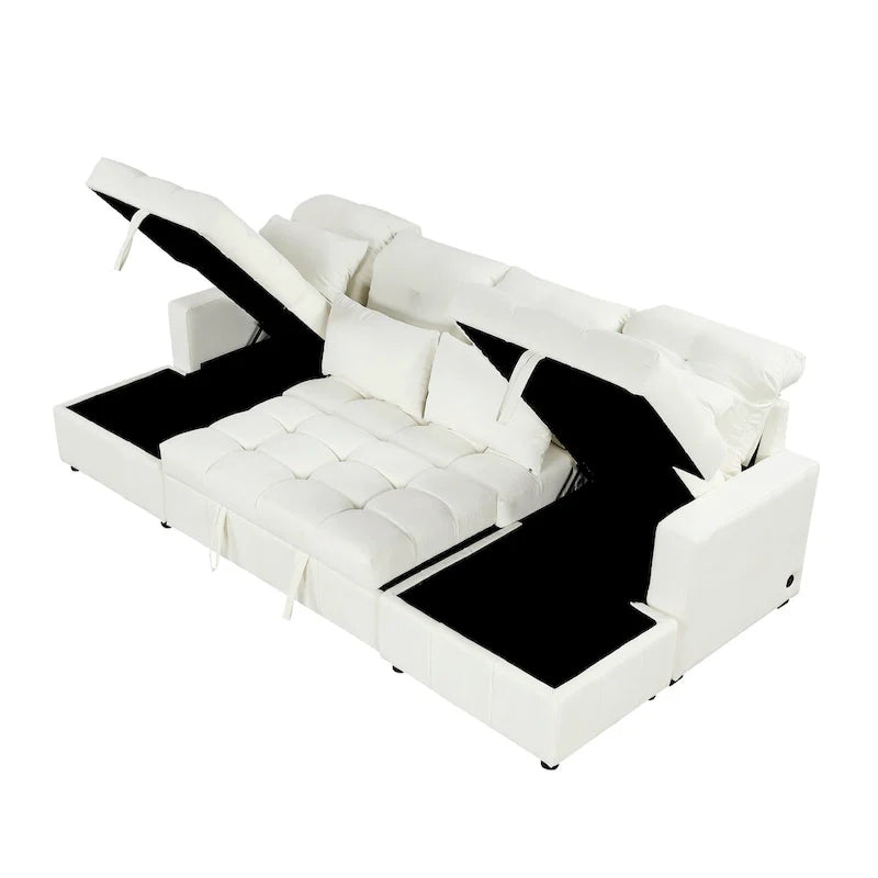Canapé d'angle modulable en chenille surdimensionné de 279 cm avec lit gigogne, deux méridiennes de rangement et 2 ports USB