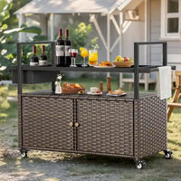 Table Chariot de Barbecue Extérieur avec Roues, Îlot de Cuisine en Osier