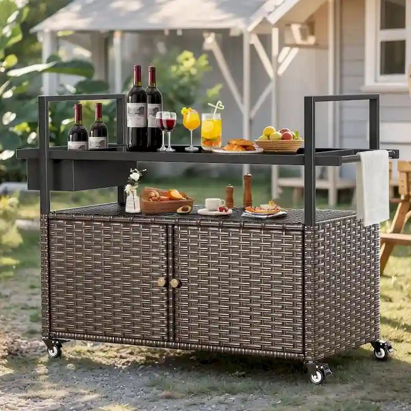 Table Chariot de Barbecue Extérieur avec Roues, Îlot de Cuisine en Osier