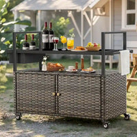 Table Chariot de Barbecue Extérieur avec Roues, Îlot de Cuisine en Osier