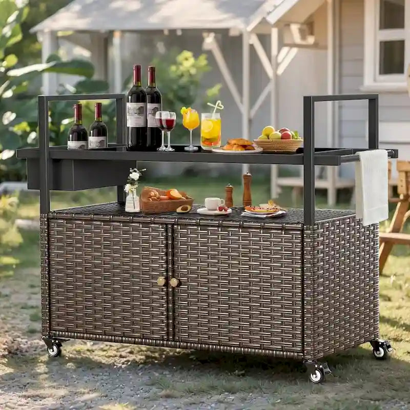Table Chariot de Barbecue Extérieur avec Roues, Îlot de Cuisine en Osier