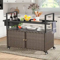 Table Chariot de Barbecue Extérieur avec Roues, Îlot de Cuisine en Osier