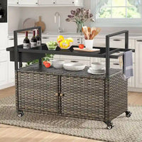 Table Chariot de Barbecue Extérieur avec Roues, Îlot de Cuisine en Osier