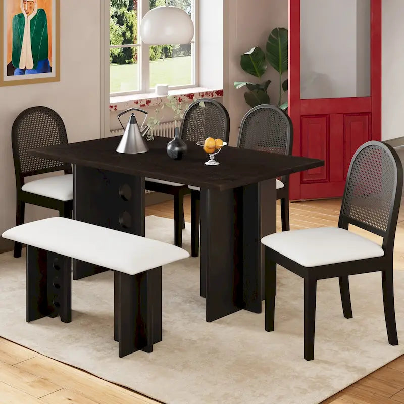 Ensemble de salle à manger moderne 6 pièces avec table à double pied, 4 chaises et 1 banc