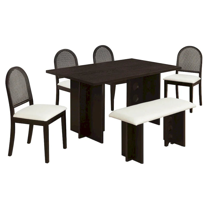 Ensemble de salle à manger moderne 6 pièces avec table à double pied, 4 chaises et 1 banc