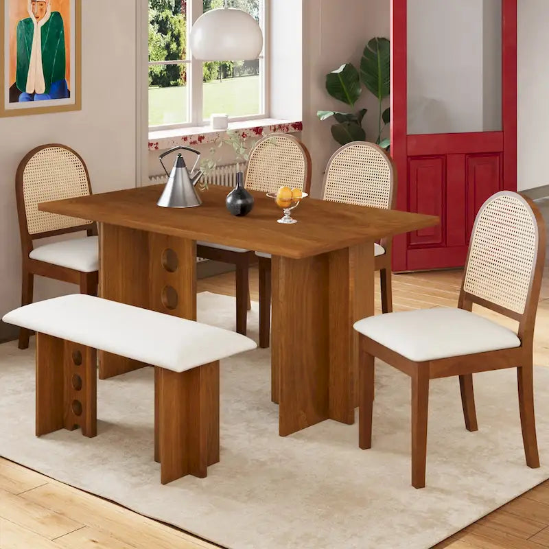 Ensemble de salle à manger moderne 6 pièces avec table à double pied, 4 chaises et 1 banc