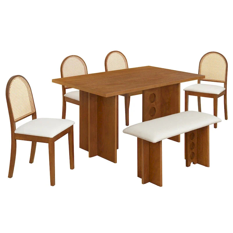 Ensemble de salle à manger moderne 6 pièces avec table à double pied, 4 chaises et 1 banc