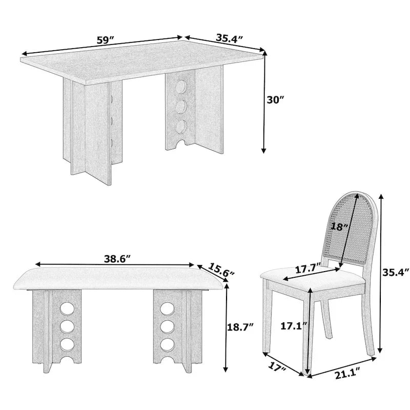 Ensemble de salle à manger moderne 6 pièces avec table à double pied, 4 chaises et 1 banc