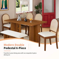 Ensemble de salle à manger moderne 6 pièces avec table à double pied, 4 chaises et 1 banc