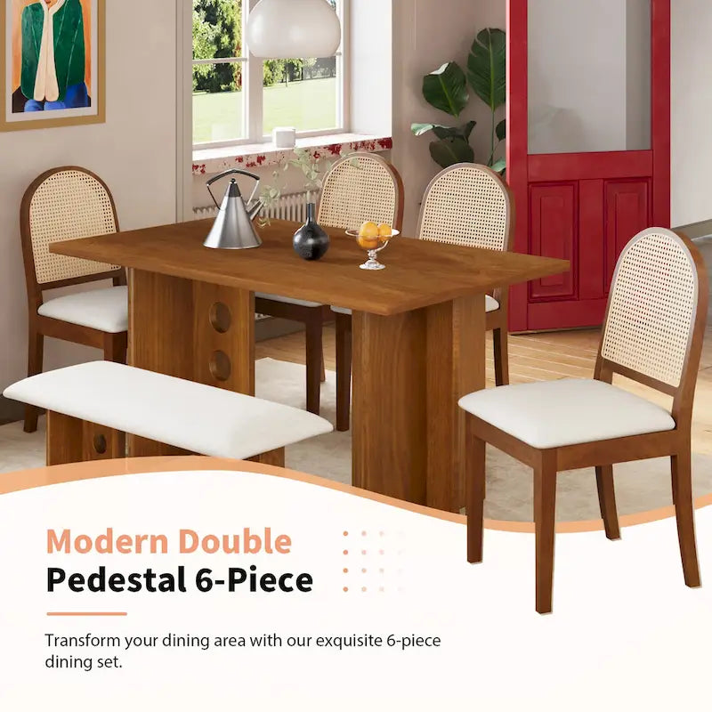 Ensemble de salle à manger moderne 6 pièces avec table à double pied, 4 chaises et 1 banc