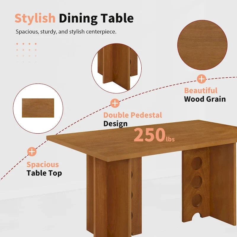 Ensemble de salle à manger moderne 6 pièces avec table à double pied, 4 chaises et 1 banc