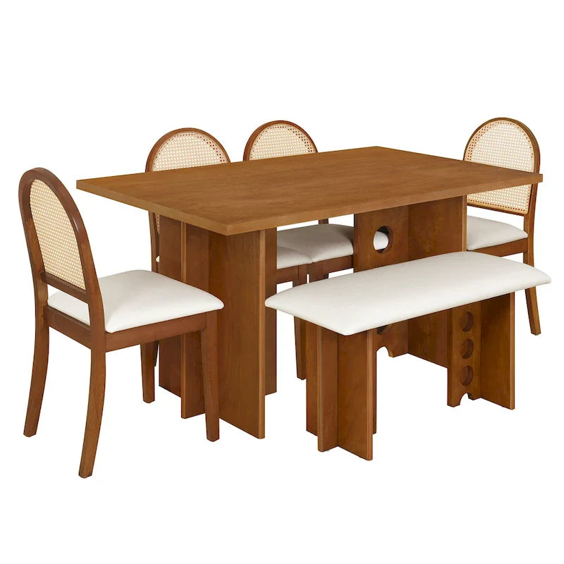 Ensemble de salle à manger moderne 6 pièces avec table à double pied, 4 chaises et 1 banc