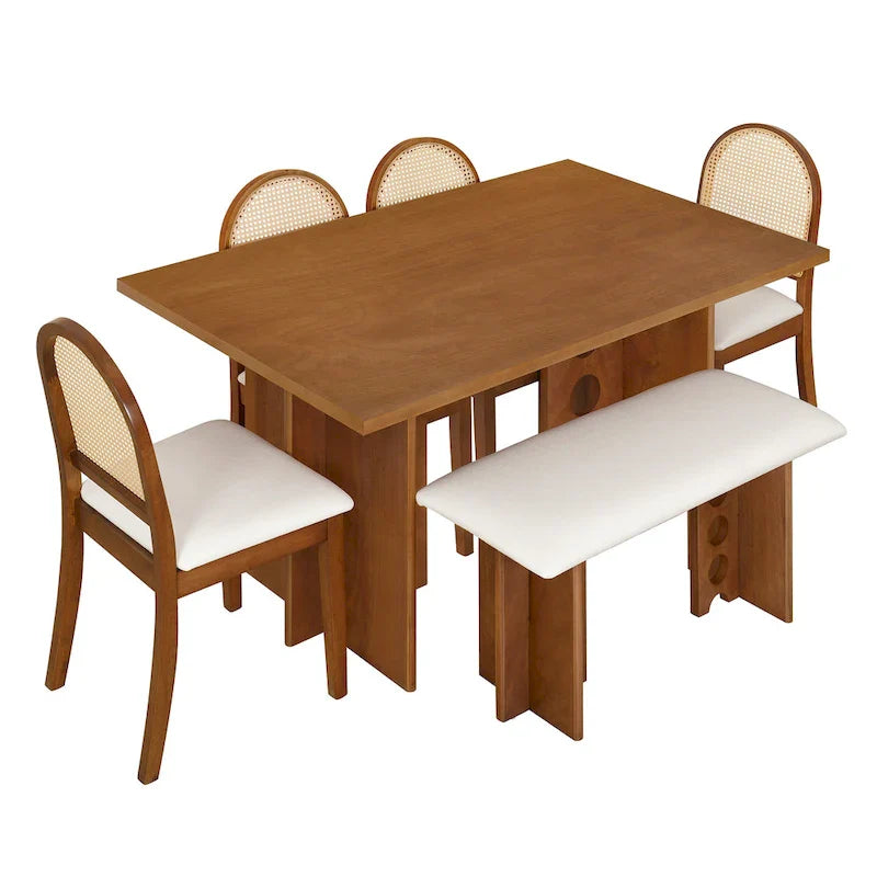 Ensemble de salle à manger moderne 6 pièces avec table à double pied, 4 chaises et 1 banc