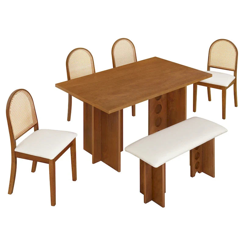 Ensemble de salle à manger moderne 6 pièces avec table à double pied, 4 chaises et 1 banc