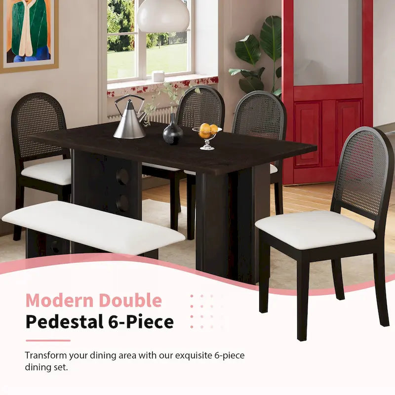 Ensemble de salle à manger moderne 6 pièces avec table à double pied, 4 chaises et 1 banc