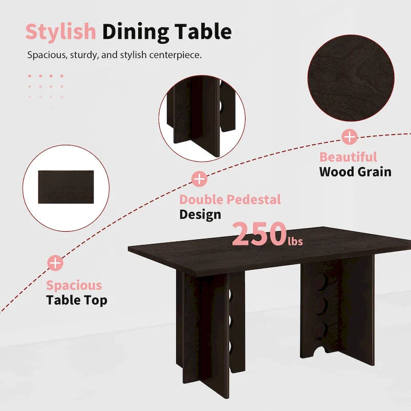 Ensemble de salle à manger moderne 6 pièces avec table à double pied, 4 chaises et 1 banc