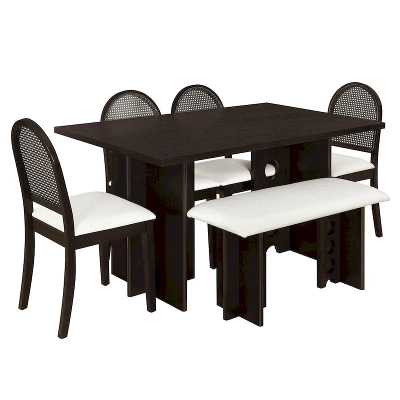 Ensemble de salle à manger moderne 6 pièces avec table à double pied, 4 chaises et 1 banc