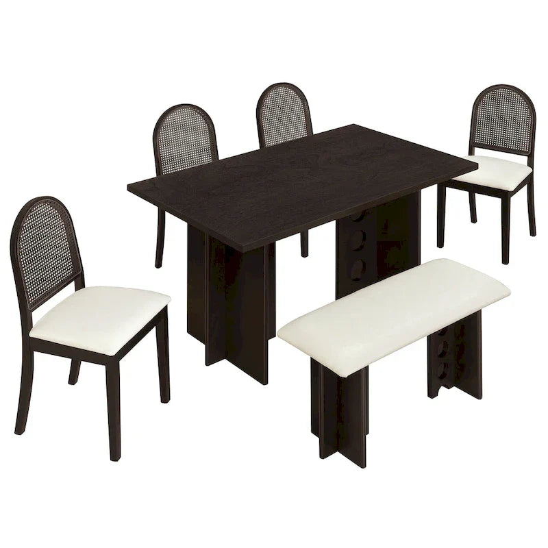 Ensemble de salle à manger moderne 6 pièces avec table à double pied, 4 chaises et 1 banc