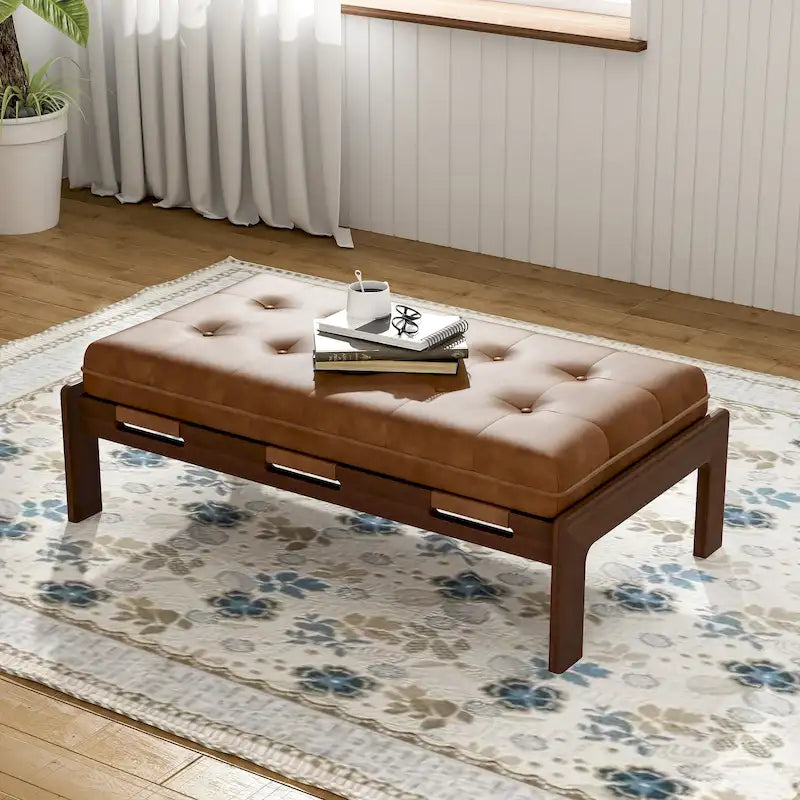 Christopher Knight Home - Table basse rectangulaire capitonnée 48,4", en cuir avec structure en bois d'hévéa