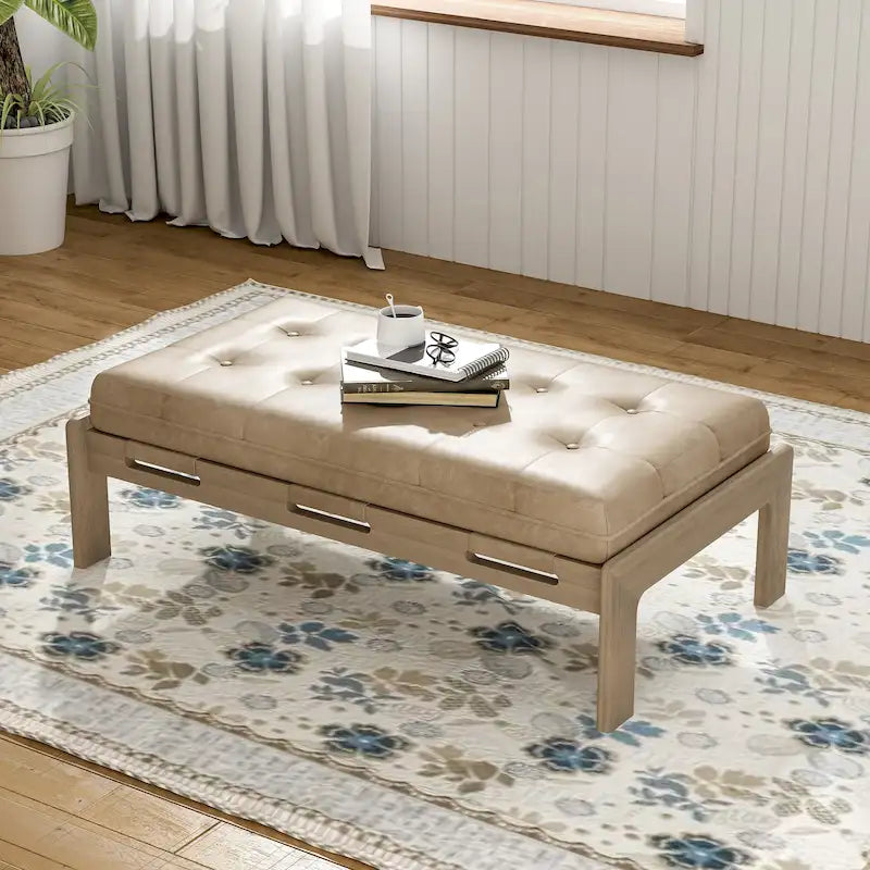 Christopher Knight Home - Table basse rectangulaire capitonnée 48,4", en cuir avec structure en bois d'hévéa