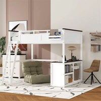 Lit mezzanine taille Queen avec bureau intégré et boîte de rangement, cadre de lit mezzanine en bois avec étagère ouverte et station de charge USB