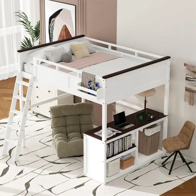 Lit mezzanine taille Queen avec bureau intégré et boîte de rangement, cadre de lit mezzanine en bois avec étagère ouverte et station de charge USB