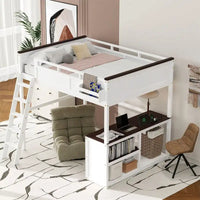 Lit mezzanine taille Queen avec bureau intégré et boîte de rangement, cadre de lit mezzanine en bois avec étagère ouverte et station de charge USB