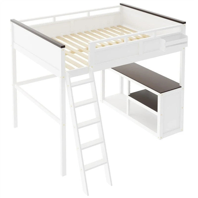 Lit mezzanine taille Queen avec bureau intégré et boîte de rangement, cadre de lit mezzanine en bois avec étagère ouverte et station de charge USB