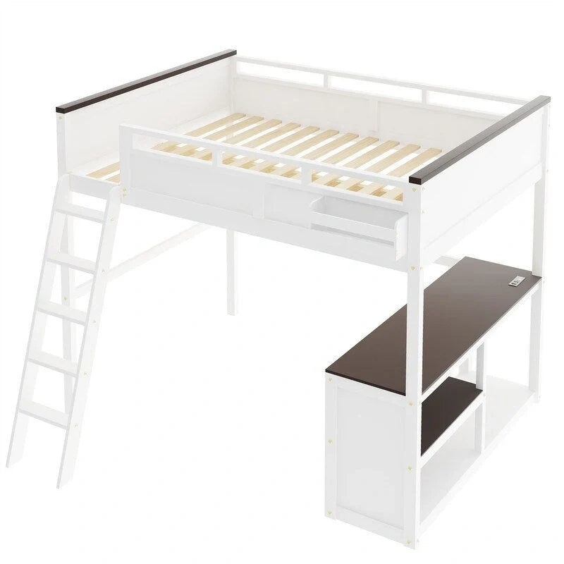 Lit mezzanine taille Queen avec bureau intégré et boîte de rangement, cadre de lit mezzanine en bois avec étagère ouverte et station de charge USB