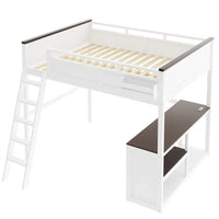 Lit mezzanine taille Queen avec bureau intégré et boîte de rangement, cadre de lit mezzanine en bois avec étagère ouverte et station de charge USB