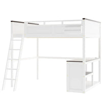 Lit mezzanine taille Queen avec bureau intégré et boîte de rangement, cadre de lit mezzanine en bois avec étagère ouverte et station de charge USB
