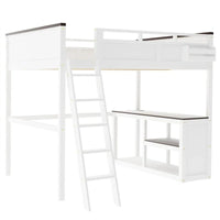 Lit mezzanine taille Queen avec bureau intégré et boîte de rangement, cadre de lit mezzanine en bois avec étagère ouverte et station de charge USB