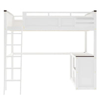 Lit mezzanine taille Queen avec bureau intégré et boîte de rangement, cadre de lit mezzanine en bois avec étagère ouverte et station de charge USB