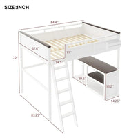 Lit mezzanine taille Queen avec bureau intégré et boîte de rangement, cadre de lit mezzanine en bois avec étagère ouverte et station de charge USB