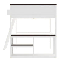 Lit mezzanine taille Queen avec bureau intégré et boîte de rangement, cadre de lit mezzanine en bois avec étagère ouverte et station de charge USB